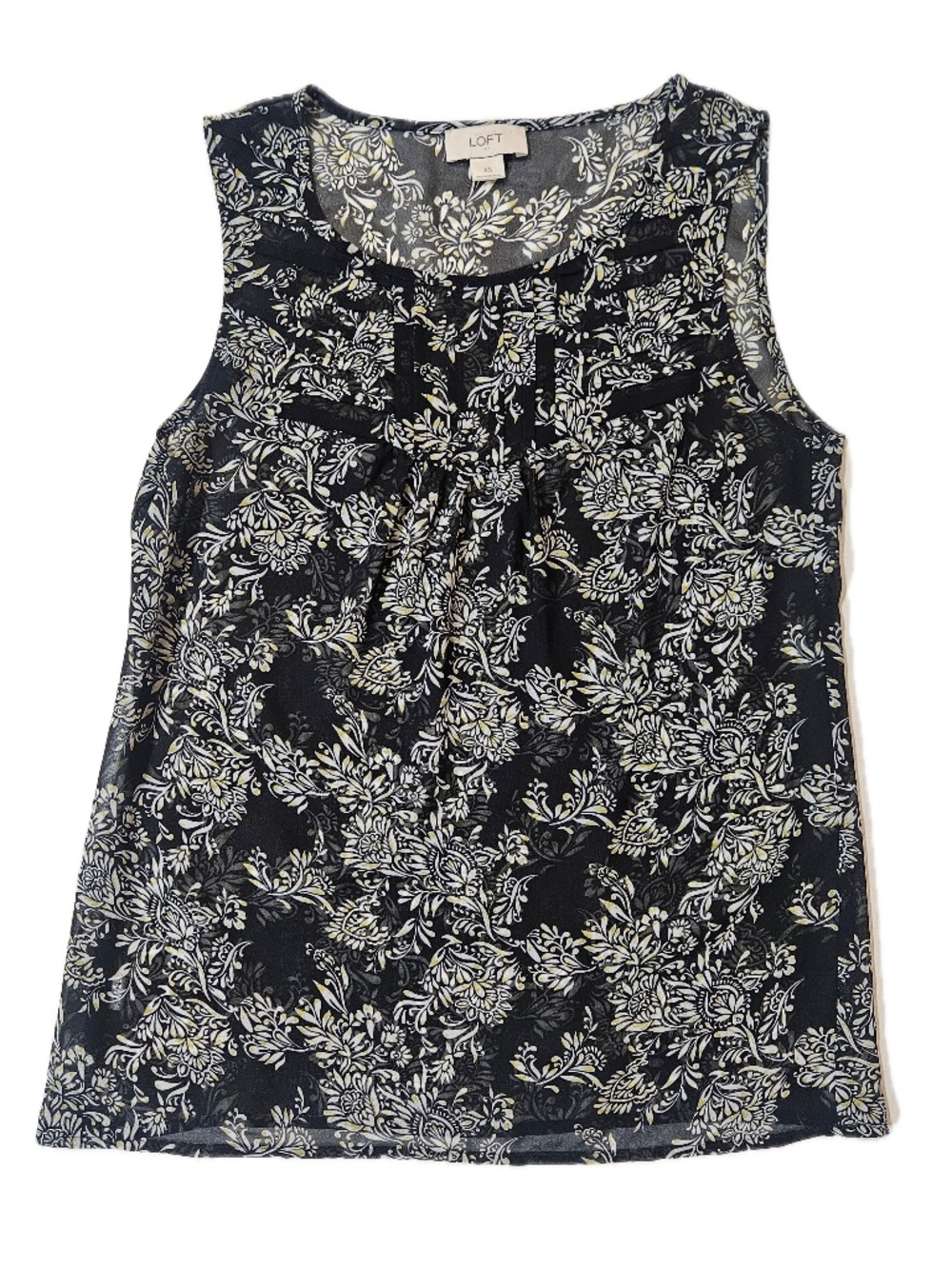 LOFT Blouse Womens XS Black Floral Pleated Sleeveless Round‎ Neck Chiffon